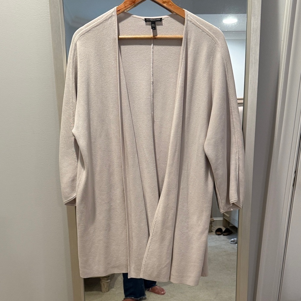 Eileen Fisher 80% Silk 20% Org Cot Cardigan 2X – Beige Open Front 3/4 Sleeve